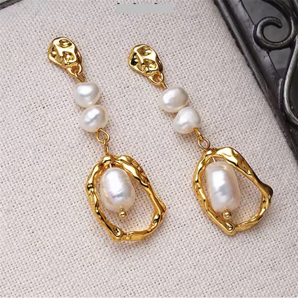 Natural Baroque Pearl Dangle Earrings 14K Yellow Gold Plated